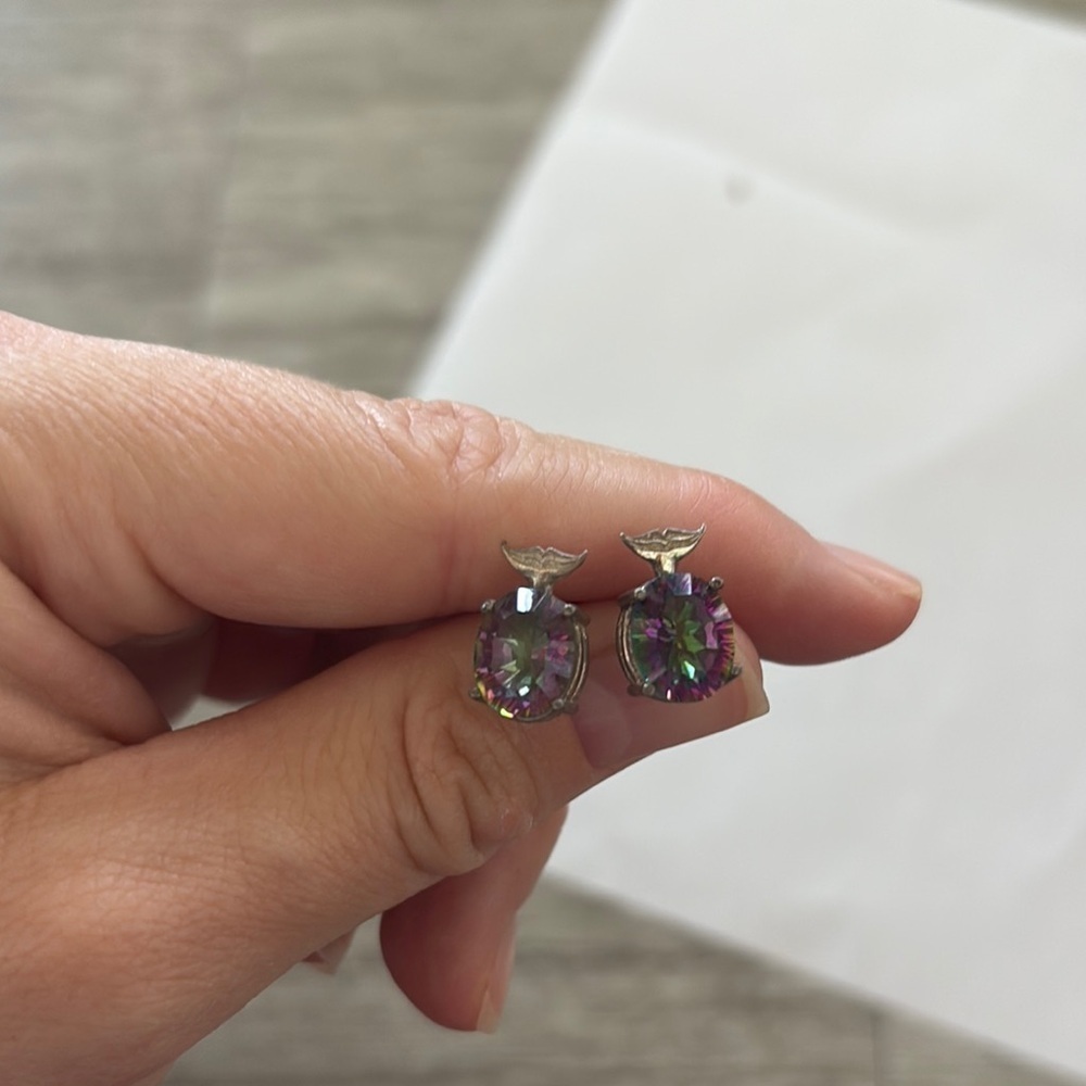 Mystic topaz sterling Silver Stud Earrings with whale tail design topper - Picture 2 of 9